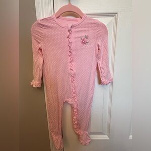 Little Me Pink Polka Dot Ruffle Footie with Floral Accent